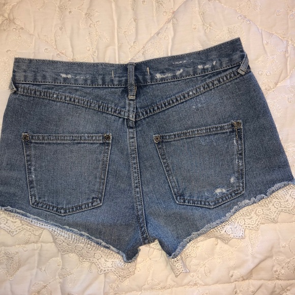 Free People Distressed Denim Shorts with Lace Trim, Size 24 - Picture 2 of 2